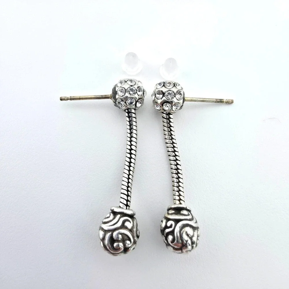 BRIGHTON 'Full Moon' Earrings Dangle Post  Pavé Crystal Scrollwork Silver Plate
